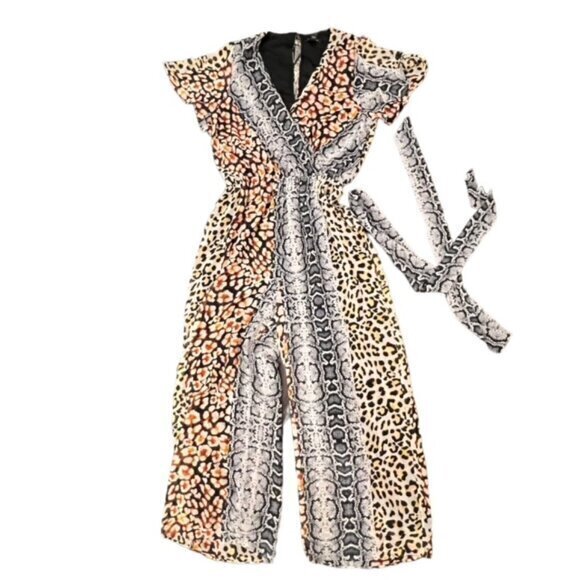 Express Jumpsuit Animal Print Wide Leg Pants Flutter Sleeve Mixed‎ Print NWT SM - Picture 1 of 16
